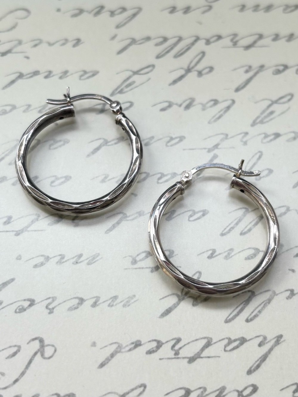 925 Sterling Silver Etched Hoop 1”Earrings - Silver